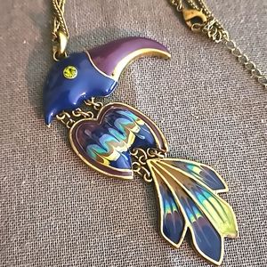 Brass & enamel toucan long necklace blue purple